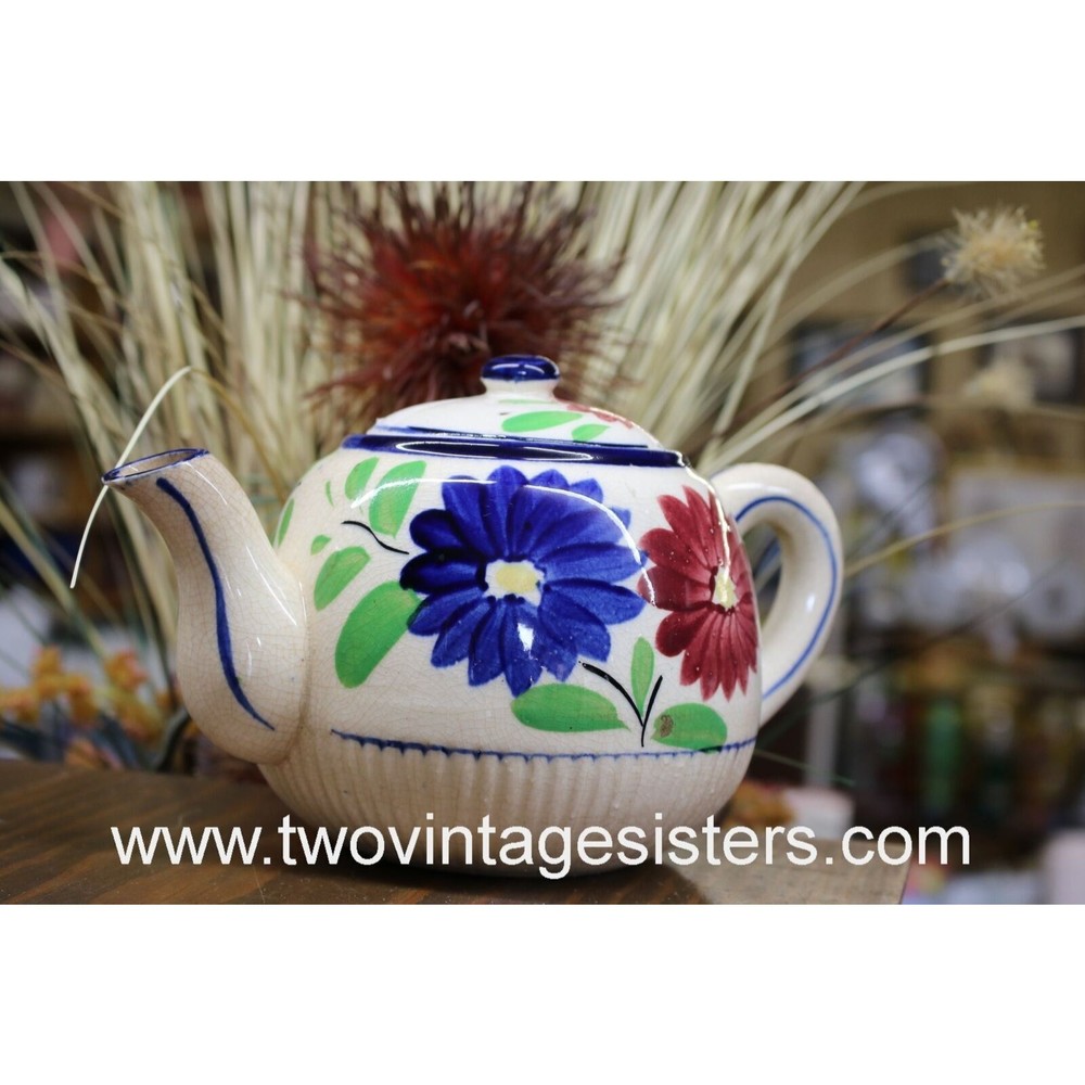 Ceramic Almond Red Blue Floral Teapot Vintage Japan